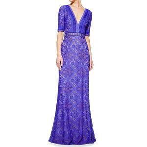 Tadashi Shoji Landry Wisteria Collaged Floral Lace Plunge Neck Evening Gown 14